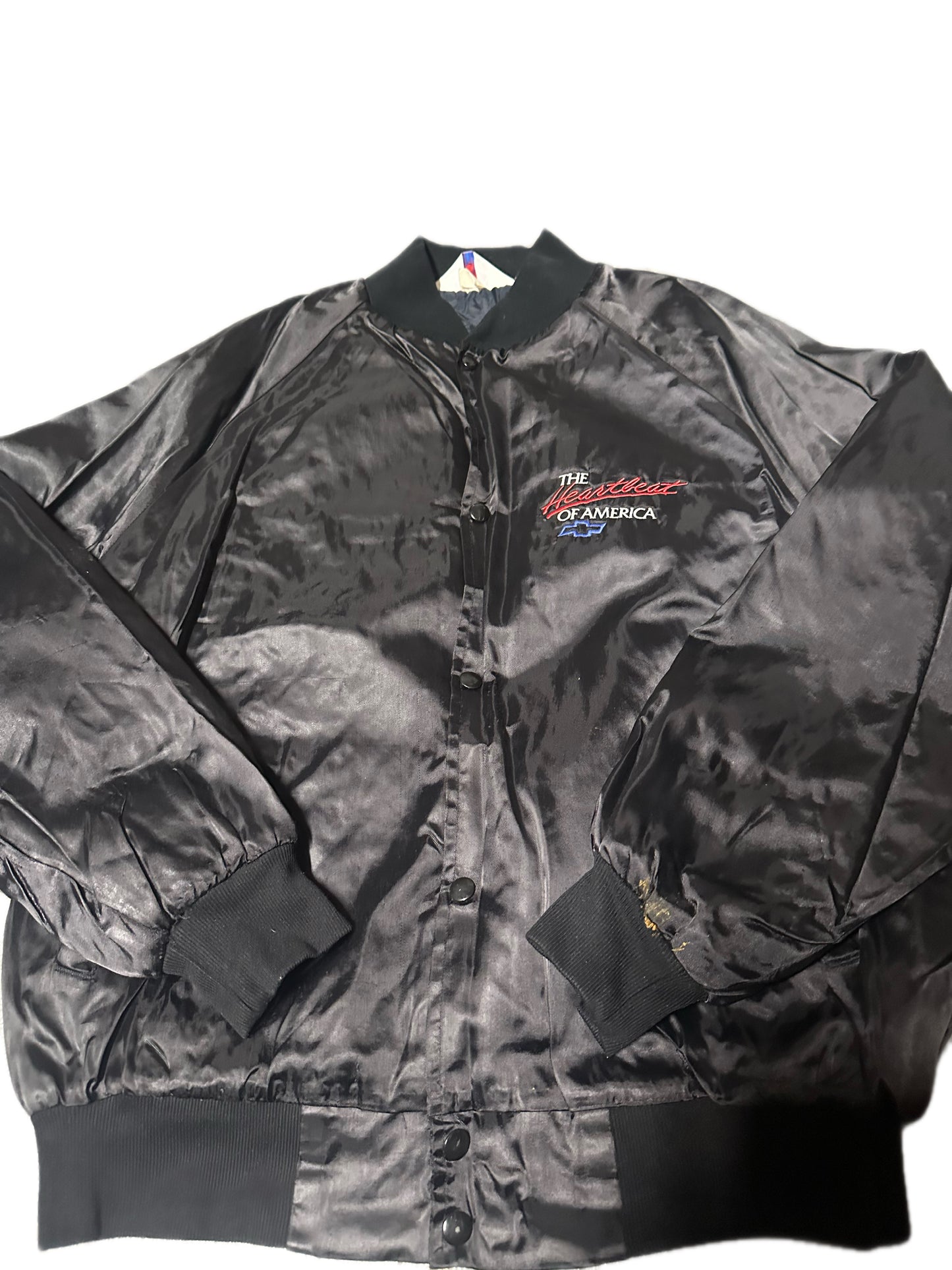 1980's Vintage West Ark Chevy "The Heartbeat Of America" Satin Bomber Jacket